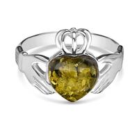 Bague Claddagh en ambre vert de la Baltique et argent sterling 925 pour femme, Pierre précieuse en argent sterling, Ambre