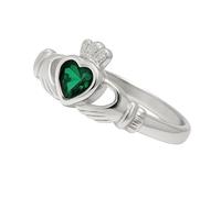 Bague Claddagh Femme en Argent 925 Rhodié - Sertie d'un Oxyde de Zirconium Vert en Forme de Cœur Éclat Émeraude - Bijou Traditionnel Irlandais Poinçonné - Idée Cadeau Romantique - Tailles 50 à 62