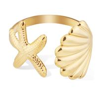 Bague Coquillage Étoile de Mer, Bague Étoile de Mer Dorée Acier Inoxydable Bague Coquillage Réglable Artistique Bijoux Étoile de Mer pour l'Été la Plage Les Femmes le Quotidien Cadeau