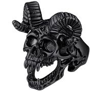 Bague Crâne Baphomet Tête de Mort Noire Chevalière Satanique Homme Acier Inoxydable Bijoux Satan Gothique Biker Vintage Bagues Anneau Taille 56 Cadeau pour Ado Garçon Femme