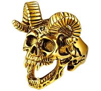 Bague Crâne Baphomet Tête de Mort Or Chevalière Satanique Homme Acier Inoxydable Bijoux Satan Gothique Biker Vintage Bagues Anneau Taille 56 Cadeau pour Ado Garçon Femme