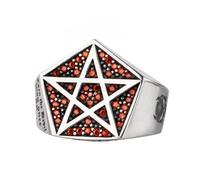 Bague Crâne Pentagramme en Argent 925 avec Émeraude - Bague Occulte Gothique Ajustable pour Hommes, Bijou Sombre Vintage pour Index Auriculaire(Red)