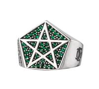 Bague Crâne Pentagramme en Argent 925 avec Émeraude - Bague Occulte Gothique Ajustable pour Hommes, Bijou Sombre Vintage pour Index Auriculaire(Green)