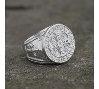 Bague croix Saint Benoît en acier inoxydable - Médaille du jubilé avec inscription latine - Symbole religieux d'inspiration gothique pour homme - Accessoire de bijoux pour homme audacieux et unique