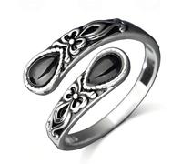 Bague cuillère en agate noire en argent sterling S925, sans nickel, hypoallergénique, bague de pouce papillon réglable, gravure florale vintage, bague porte-bonheur, bague de foi, bague d'amour de mèr