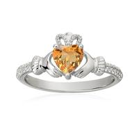 Bague de Claddagh en argent sterling 925 avec pierre de naissance en forme de cœur - 6 mm - Bijou irlandais porte-bonheur pour femme - Taille 6-9, 8, Pierre précieuse, Citrine