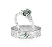 Bague de couple en agate mousse, bague de mariage pour femmes et hommes, bague de partenaire en argent sterling avec bande en zircone pour mariage de la Saint-Valentin (Argent, 62(19.8))