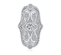 Bague De Déclaration De Mode Longue Et Large En Forme De Cœur En Style Art Déco Antique Bohème Vintage Noir Blanc Bleu Vert Filigrane Pavé Cz S En Zircon Cubique En Laiton Plaqué Rhodium Argent.