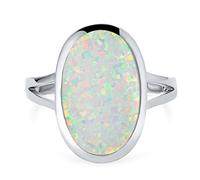 Bague de déclaration ovale à fente en opale blanche iridescente créée Boho Gemstone pour femmes et adolescentes en argent sterling .925 plaqué rhodium pierre de naissance d'octobre