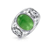 Bague de déclaration pour femmes en argent sterling .925 avec cabochon ovale en jade vert teinté de style bohème Bali, filigrane à volutes et corde, pierre de naissance d'août.