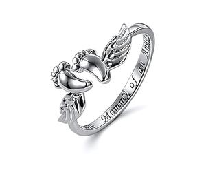 Bague De Fausse Couche - Maman Est Un Ange, Anneau Ouvert En Forme D'empreinte De Bébé Avec Carte | Mères De Bijoux Commémoratifs Sentimentaux | Doigt En Cuivre Réglable Pour Le Souvenir Et La Sympath