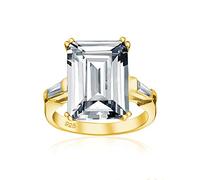 Bague De Fiançailles De Style Art Déco Grande Bague De Mariage 10Ct Aaa Cz Solitaire Taille Émeraude En Argent Sterling .925 Plaqué Or Jaune 14K Avec Pierres Latérales En Zircon Cubique Baguette.