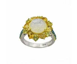 Bague de fiançailles en argent sterling 925 avec pierre de lune, citrine, péridot, apatite, cocktail art déco, P 1/2, Pierre précieuse., Pierre de lune, citrine, péridot, apatite