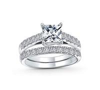Bague de fiançailles et de mariage en argent sterling .925 avec zircon cubique brillant de 1CT, coupe princesse carrée solitaire, monture cathédrale, bande pavée éternité fine AAA CZ.