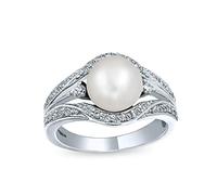 Bague de fiançailles personnalisée pour femme de style Art Déco avec perle d'eau douce blanche, déclaration cocktail, pavée à triple bande fendue en argent sterling .925 personnalisable.