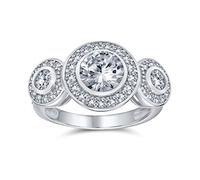Bague de fiançailles personnalisée style vintage Art Déco avec trois pierres passé présent futur, halo circlet, solitaire rond en zircon cubique AAA pour femmes en argent sterling .925 personnalisable