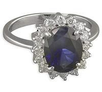 Bague de fiançailles pour femme en argent sterling avec saphir synthétique bleu et zircone cubique blanche (ZC) ovale en grappe - Réplique MEDIUM de la bague Kate Middleton/Princesse Diana/The Royal