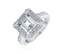 Bague de fiançailles pour femmes avec halo rectangulaire solitaire, pavé CZ AAA 3CT, saphir bleu simulé taille émeraude, en argent sterling .925