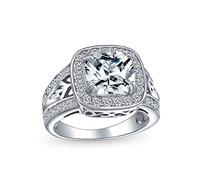 Bague De Fiançailles Pour Femmes En Argent Sterling Avec Pierre Latérale En Zircon Cubique Et Pavé 3Ctw Aaa Cz Halo Square Cushion Cut Filigree Band