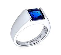 Bague de fiançailles pour hommes traditionnelle unisexe personnalisée 3CT saphir bleu simulé AAA CZ coupe princesse carrée solitaire bague d'auriculaire plaquée argent pour hommes gravée sur mesure