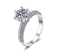 Bague de Fiançailles Simple, Bague Femme Argent Vintage 6 Dents Argent 925 avec 1.5ct Rond Moissanite Taille 52.5