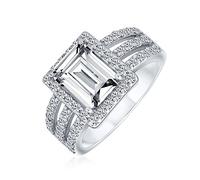 Bague De Fiançaillesilles De Style Art Déco 3Ct Rectangle Aaa Cz Emerald Cut Halo Pour Femmes Large Bande .925 Argent Sterling Personnalisable
