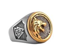 Bague de Loup Viking Nordique Pour Hommes - Chevalière en Acier Inoxydable Double Couleur Tête de Loup Valknut - Mode Hip Hop Street Vintage Odin Fenrir Bague Animal Bijoux Islandais(12)