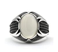 Bague de mariage, bagues for femmes, bagues, bijoux, bague islamique for hommes, argent 925, pierre d'agate blanche naturelle avec doubles épées noires, bagues musulmanes, bijoux religieux, bagues cad