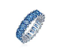 Bague de mariage éternité style Art Déco AAA CZ taille émeraude saphir bleu simulé zircon cubique pour femmes en argent sterling .925 4MM