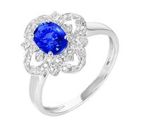 Bague de Mariage Gravure Bague Bleu Clair Or Blanc 18 Carats Saphir Créé en Laboratoire Fleur Évidée avec Saphir et Diamant de 1,08 CT Taille Solide Non Plaqué Mode pour Épouse Noël Bijoux