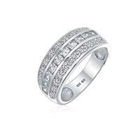 Bague de mariage large à trois rangs en dôme avec canal demi-éternité serti de zircon cubique AAA Art Déco taille princesse pour femmes en argent sterling .925 ajustement confortable 8MM