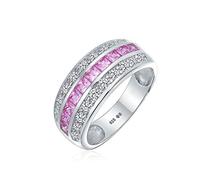 Bague De Mariage Large À Trois Rangs En Dôme Canal Serti De Pierres Cz Taille Princesse Simulant Une Tourmaline Rose Art Déco Zircon Cubique Demi-Éternité S En Argent Sterling Ajustement Confortable