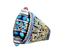 Bague de perle Dzi à neuf yeux mantra turquoise à six caractères, bague porte-bonheur en argent tibétain chinois, bijoux amulette Feng Shui réglables pour femmes et hommes (Six Character)
