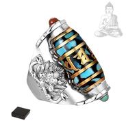 Bague de perles Dzi à neuf yeux turquoise à six caractères mantra, anneau rotatif réglable de perles Dzi tibétaines à neuf yeux, bague bouddhiste Feng Shui, bague d'amulette de méditation (B)