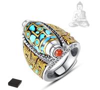 Bague de perles Dzi à neuf yeux turquoise à six caractères mantra, anneau rotatif réglable de perles Dzi tibétaines à neuf yeux, bague bouddhiste Feng Shui, bague d'amulette de méditation (A)