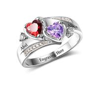 Bague de Promesse Personnalisé Argent 925 Bagues de Mère avec Nom et Pierres de Naissance Simulées Gravées Bagues pour Femmes pour Noël (Bague 2, 58 (18.5))