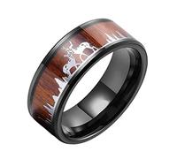 Bague de Renne en Acier Inoxydable Noir 9MM for Hommes, Femmes Wood Inlay Deer Cerf Silhouette Band, Bijoux Vintage Vintage Poli Punk Gothique Pouce Bijoux(Silver,11)