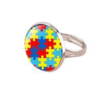 Bague de sensibilisation à l'autisme - Pièce de puzzle colorée - Ruban en verre - Bague de dessin animé pour enfants, hommes, femmes, cadeau de famille, bijoux d'espoir
