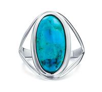 Bague De Style Boho Du Sud-Ouest Large Dôme Et Cabochon Ovale En Pierres Précieuses Avec Chaton En Turquoise Bleue Pour Femmes, Anneau Fendu En Argent Sterling.