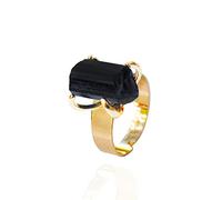 Bague de tourmaline noire brute Redimensionnable Golden Irrégulier Véritable Pierre Brute Bijoux de doigt faits à la main pour les femmes, 1pcs Aléatoire, Redimensionnable