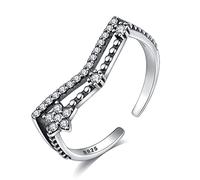 Bague double couche creuse en argent sterling S925 pour femme, ornée de fleurs irrégulières et de zircon incrusté.