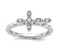 Bague empilable en argent sterling 925 avec aigue-marine et croix religieuse 2,5 mm, US 9 | EU 60 | DE 19 | JP 18 | UK R 3/4, Métal Pierre précieuse Métal Rhodium, Aigue-marine