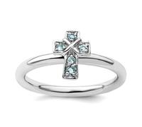 Bague empilable en argent sterling 925 de 2,25 mm avec aigue-marine rhodiée et croix religieuse pour femme, US 6 | EU 52.75 | DE 16.5 | JP 12 | UK M, Métal Pierre précieuse Métal Rhodium, Aigue-marine