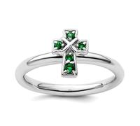 Bague empilable en argent sterling 925 de 2,25 mm avec émeraude créée en rhodium et croix religieuse pour femme, US 10 | EU 62.5 | DE 20 | JP 20 | UK T 1/2, Métal Pierre précieuse Métal Rhodium