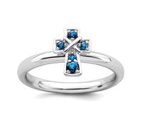 Bague empilable en argent sterling 925 de 2,25 mm avec topaze bleue rhodiée, croix religieuse, pour femme, US 6 | EU 52.75 | DE 16.5 | JP 12 | UK M, Pierre précieuse. Métal Topaze bleue Pierre