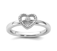 Bague empilable en argent sterling 925 poli avec cœur et diamant pour femme, US 10 | EU 62.5 | DE 20 | JP 20 | UK T 1/2, Métal Diamant Pierre précieuse Métal, Diamant