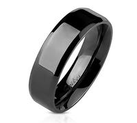 Bague en Acier Inoxydable Noir - Bord Biseauté - Poli Miroir - 6 mm - Taille 50 a 72 - Mixte Homme/Femme