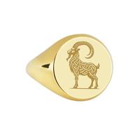 Bague en argent sterling 925 avec motif de chèvre | Bague plaquée or | Chevalière ronde 14 x 14 mm | Taille de l'anneau : 5-12,5 US Avelaibal | LKDR_0082