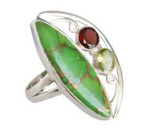 Bague en argent sterling 925 avec péridot turquoise et grenat vert - Cabochon de poire - 36 x 12 mm - Fait à la main - Style bohème artisanal - Bijoux tendance - Cadeau M 1/2, 53 (16,9)