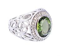 Bague en argent sterling 925 avec pierres précieuses vertes à facettes ovales et rondes faites à la main en forme de moldavite et oxyde de zirconium, P1/2,57(18.1), Gemme, Moldavite, oxyde de